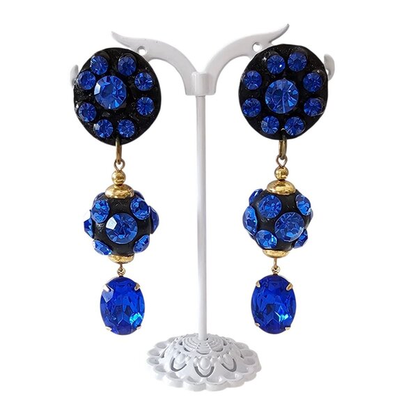 Vintage Blue Clip-On Rhinestone Ball Statement Dangle Earrings - Picture 8 of 8